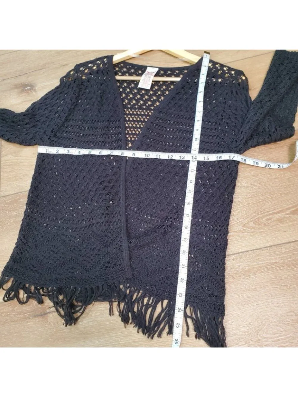 Girls Black Cardigan Sweater Size XL (14/16) Knit Open Front Fringe Boho Fairy